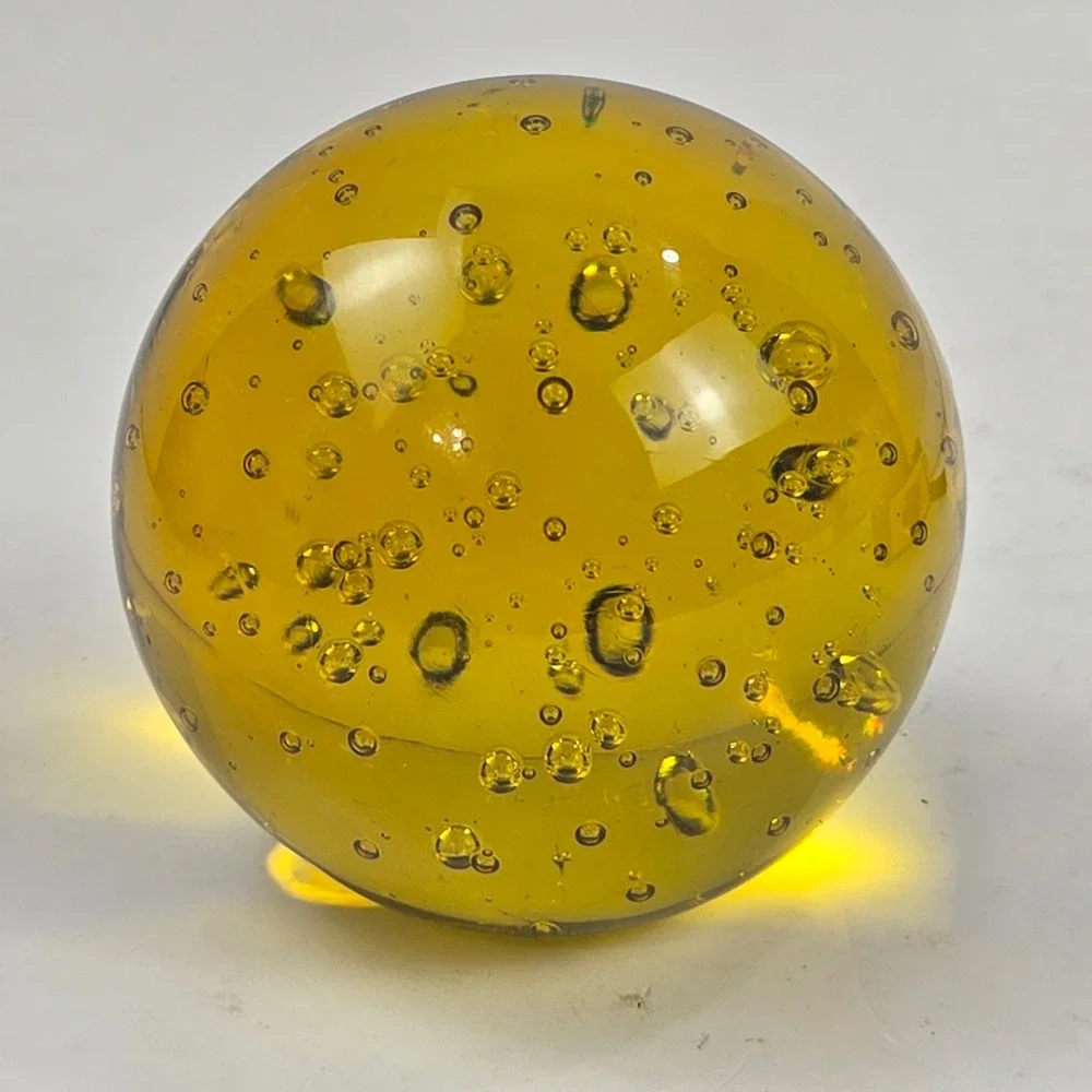 Amber Art Glass Paperweight w Pulegoso Bubbles 2.75